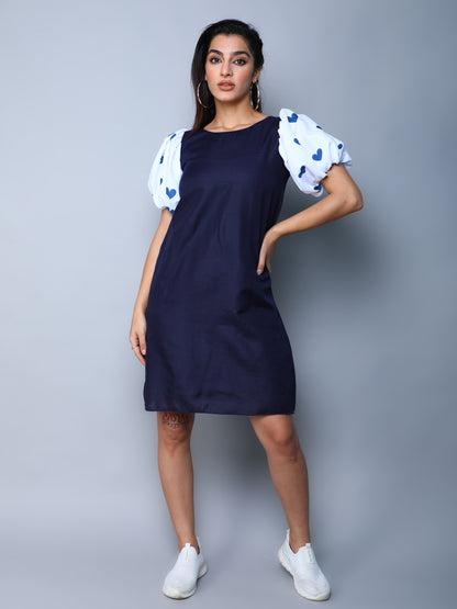 Navy Blue Dress with Printed Puff Sleeves
