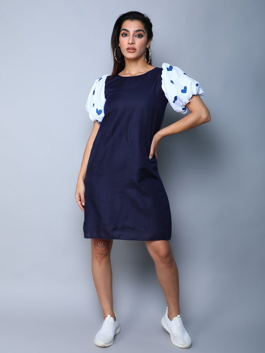 Navy Blue Dress with Printed Puff Sleeves
