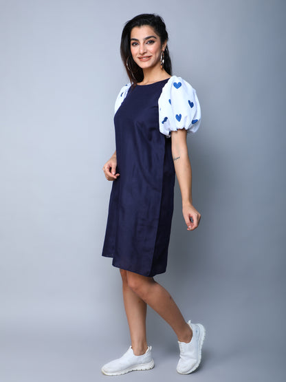 Navy Blue Dress with Printed Puff Sleeves