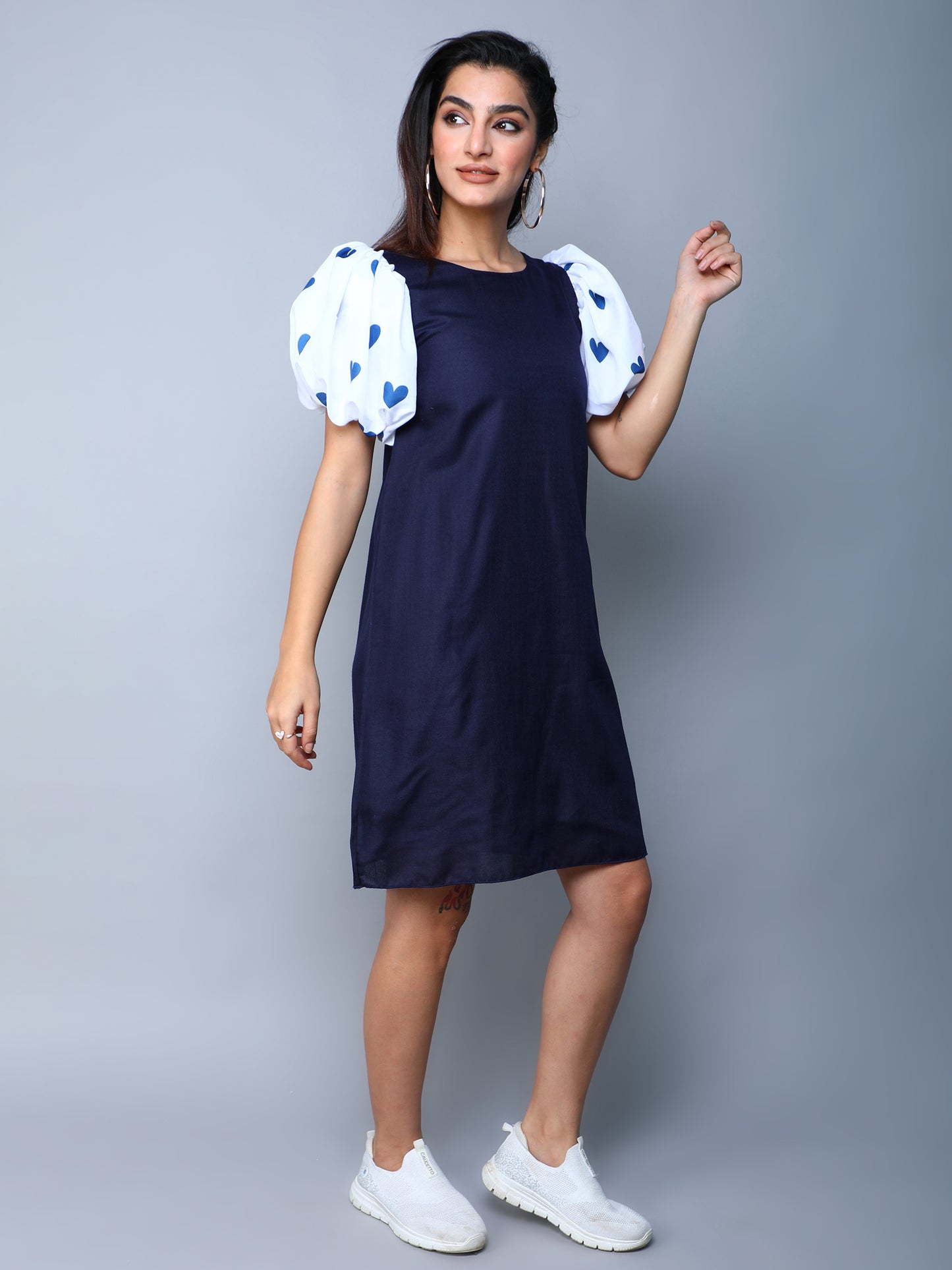 Navy Blue Dress with Printed Puff Sleeves
