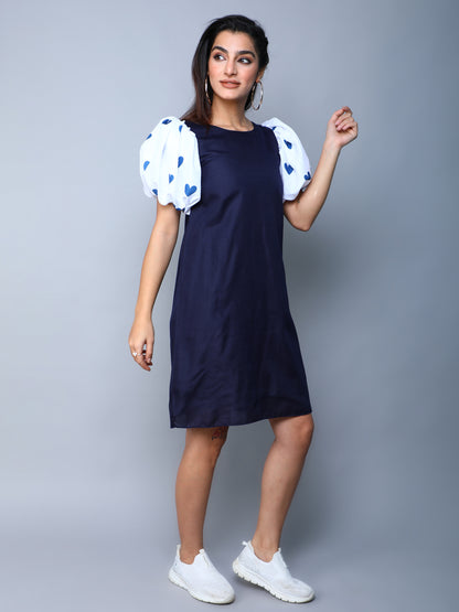 Navy Blue Dress with Printed Puff Sleeves
