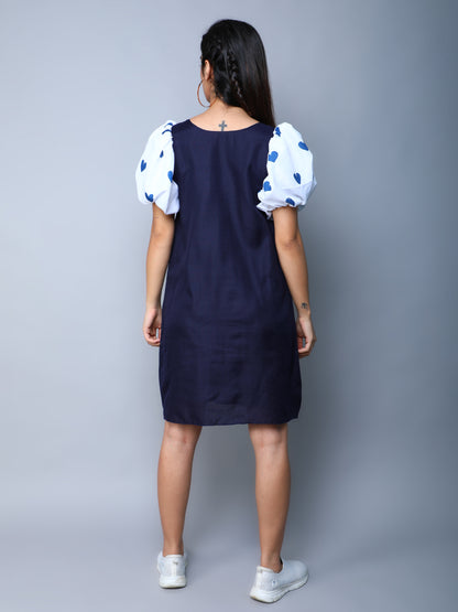 Navy Blue Dress with Printed Puff Sleeves