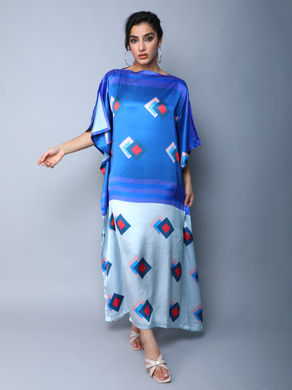 Satin Gometric Print Colorblock Kaftan