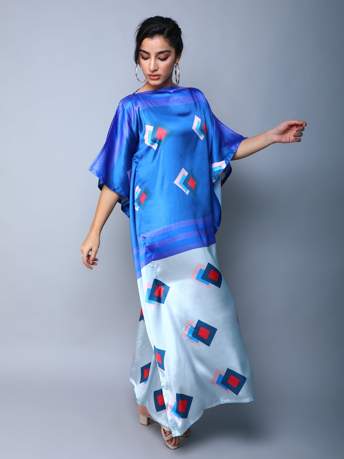 Satin Gometric Print Colorblock Kaftan