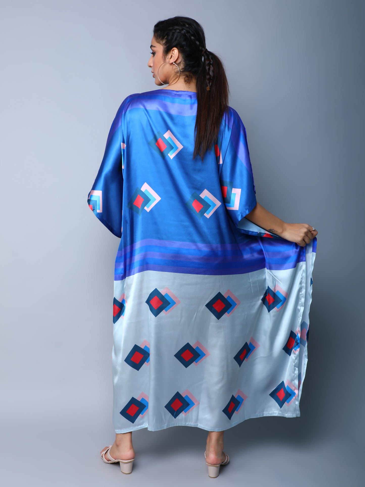 Satin Gometric Print Colorblock Kaftan