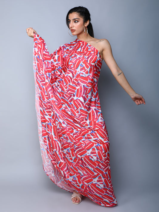 One-Shoulder Abstract Print Maxi Dress-Red