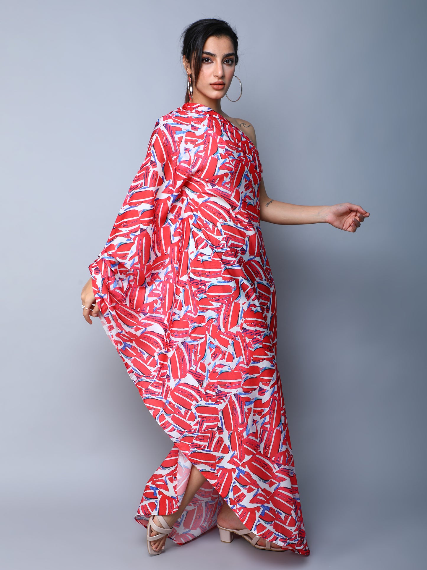 One-Shoulder Abstract Print Maxi Dress-Red