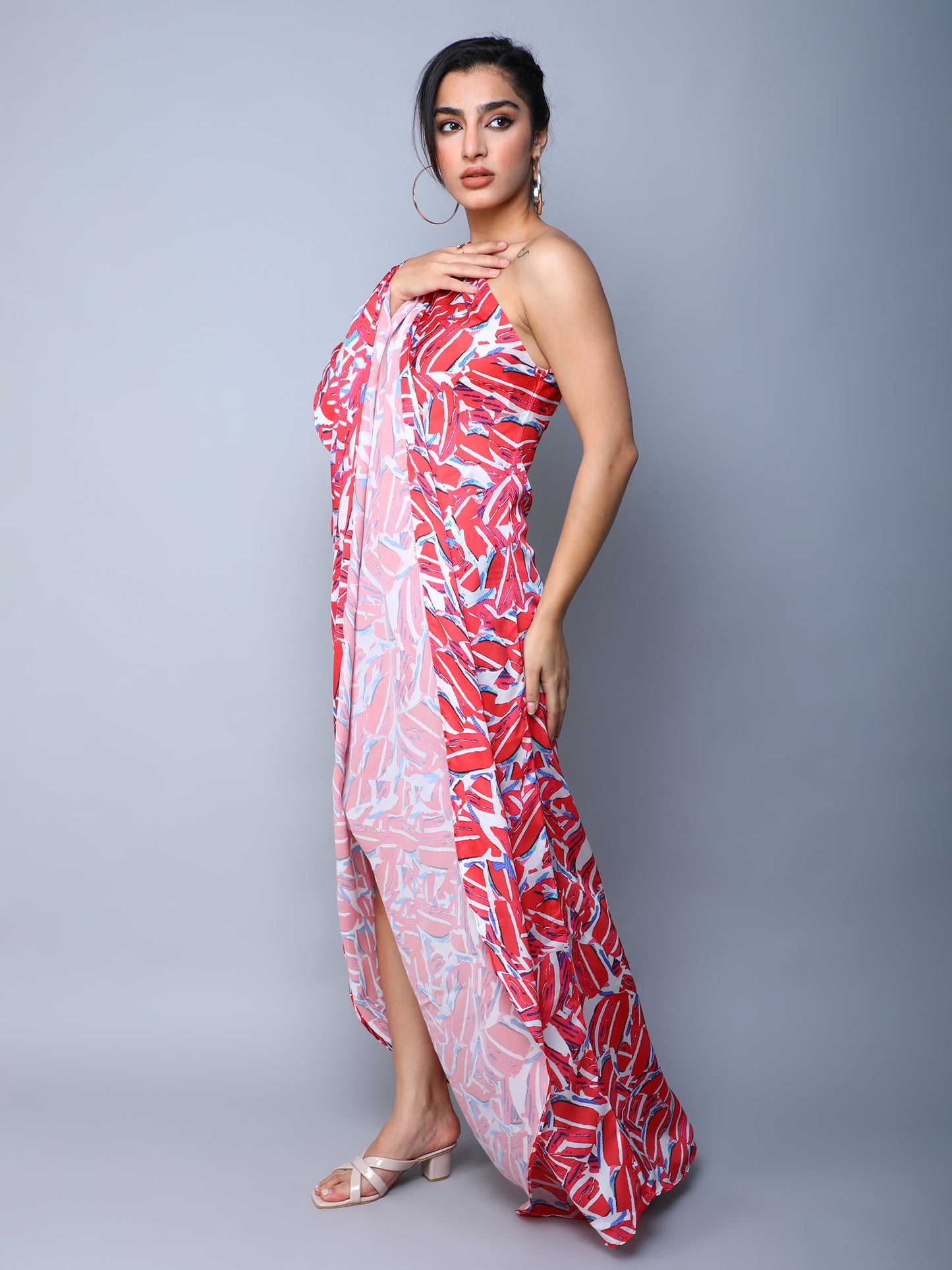 One-Shoulder Abstract Print Maxi Dress-Red