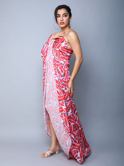 One-Shoulder Abstract Print Maxi Dress-Red