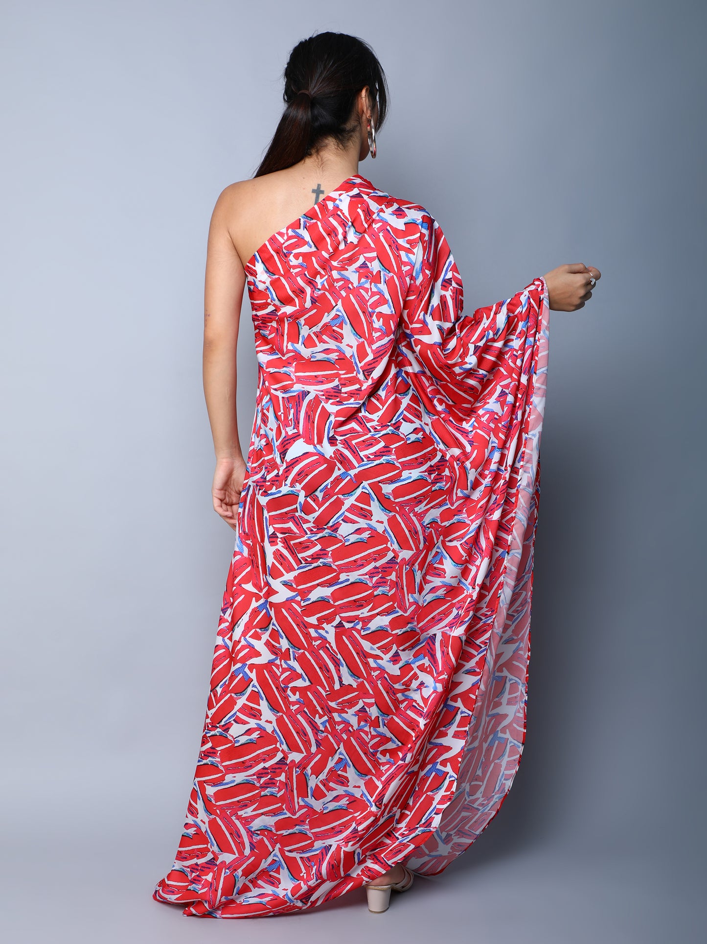 One-Shoulder Abstract Print Maxi Dress-Red