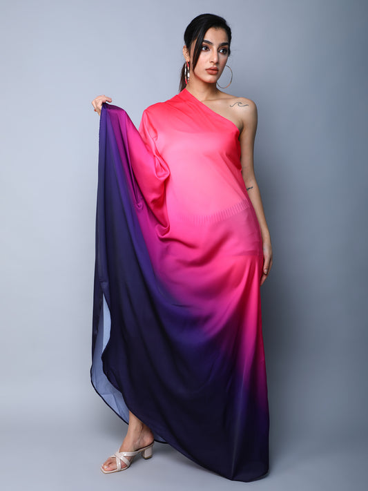 Ombre One-Shoulder Satin Maxi Dress – Pink to Navy Gradient