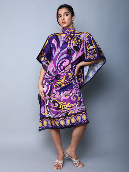 Elegant Abstract Print Satin Kaftan Dress – Purple Fusion
