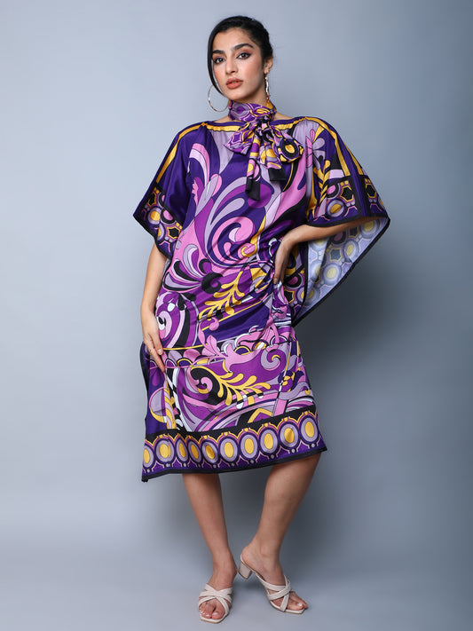 Elegant Abstract Print Satin Kaftan Dress – Purple Fusion
