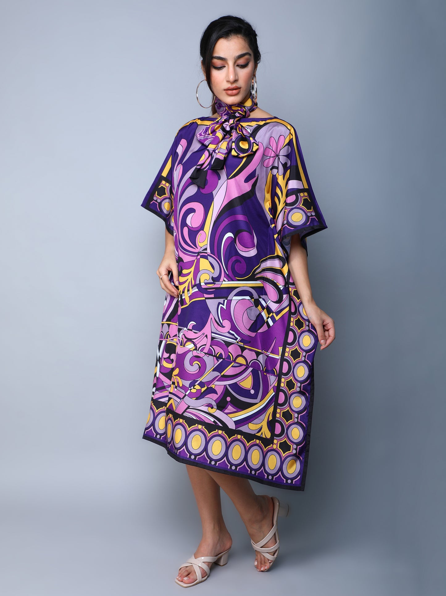 Elegant Abstract Print Satin Kaftan Dress – Purple Fusion