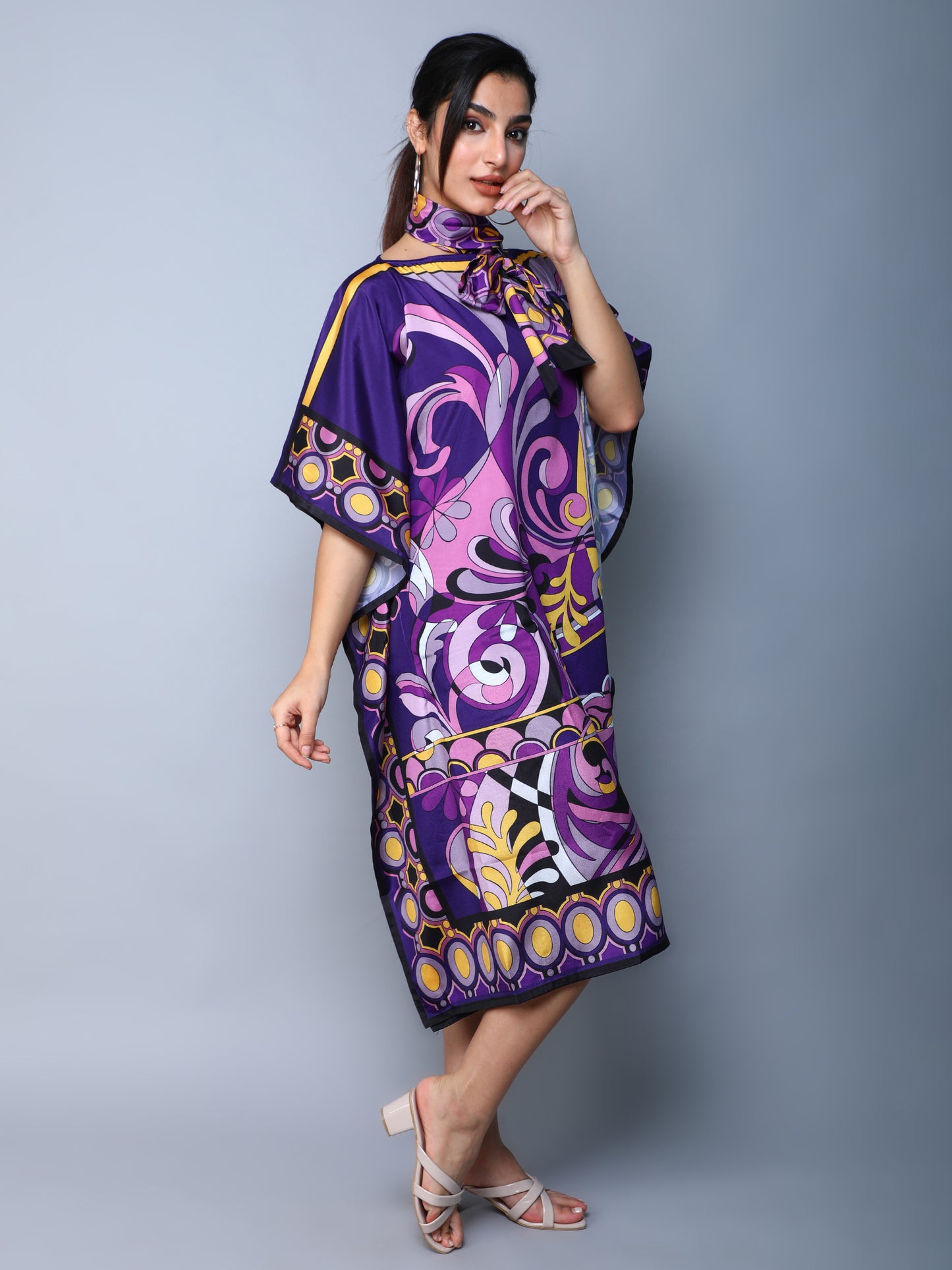 Elegant Abstract Print Satin Kaftan Dress – Purple Fusion
