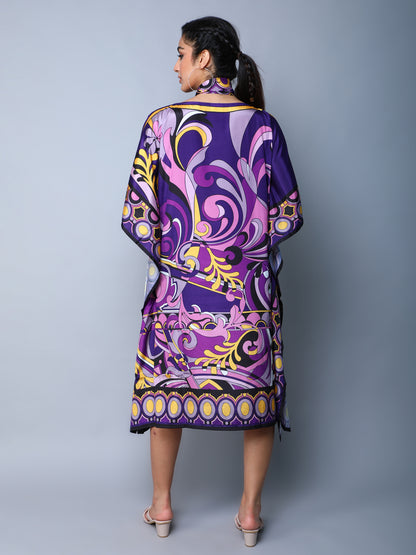 Elegant Abstract Print Satin Kaftan Dress – Purple Fusion