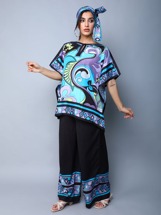 Printed Cape Style Co-Ord Set (Top & Wide-Leg Pants) – Blue & Black