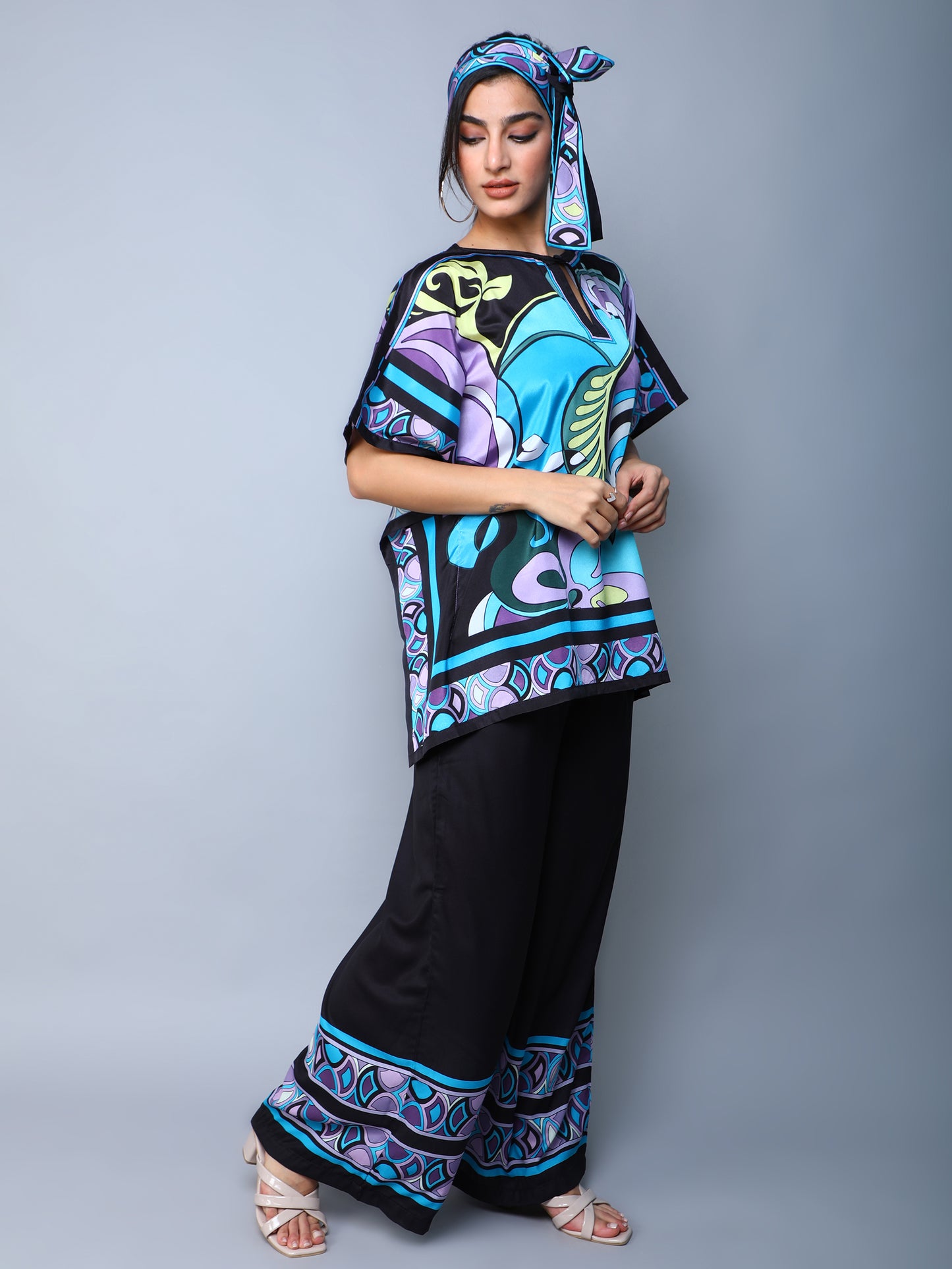 Printed Cape Style Co-Ord Set (Top & Wide-Leg Pants) – Blue & Black