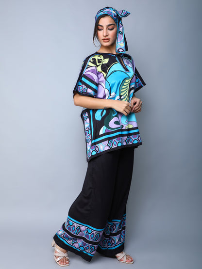 Printed Cape Style Co-Ord Set (Top & Wide-Leg Pants) – Blue & Black