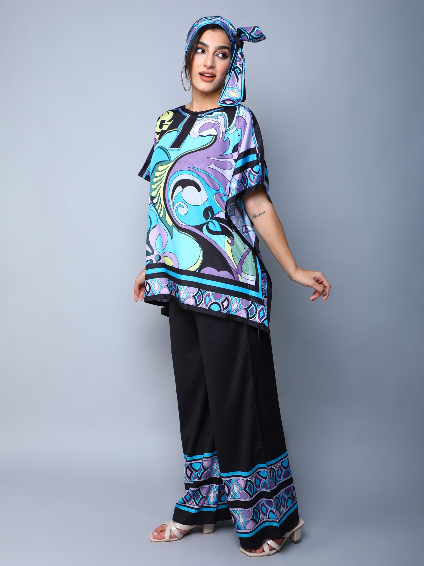 Printed Cape Style Co-Ord Set (Top & Wide-Leg Pants) – Blue & Black