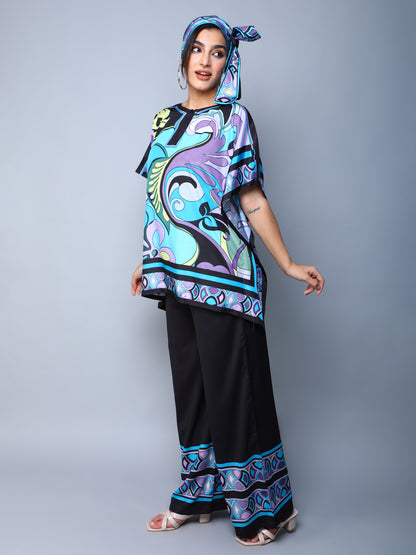 Printed Cape Style Co-Ord Set (Top & Wide-Leg Pants) – Blue & Black