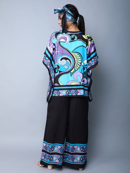 Printed Cape Style Co-Ord Set (Top & Wide-Leg Pants) – Blue & Black