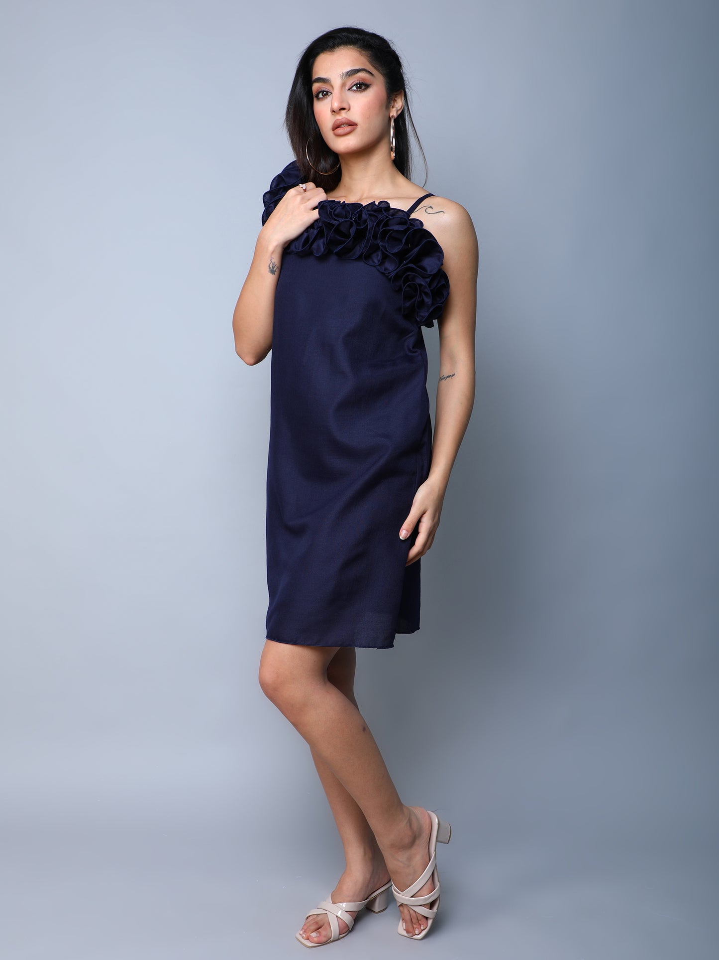 Ruffle Drama Dress -Navy Blue