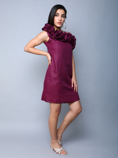 Ruffle Drama One Shoulder Dress -Burgundy