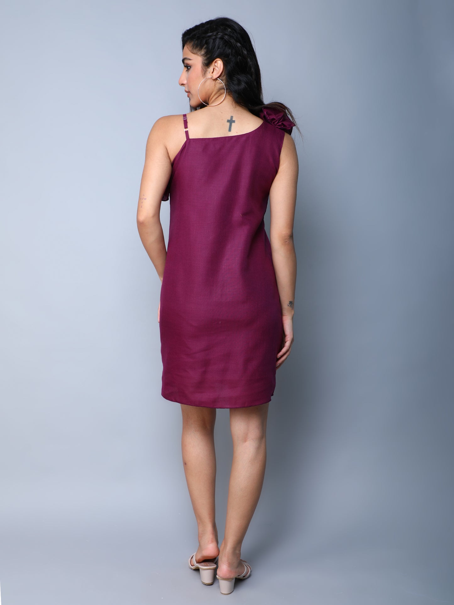 Ruffle Drama One Shoulder Dress -Burgundy