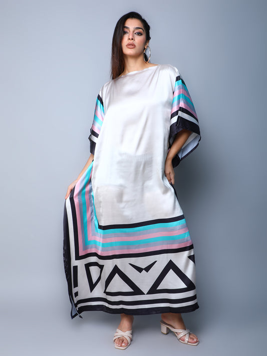 Satin Kaftan Dress with Geometric Border Print