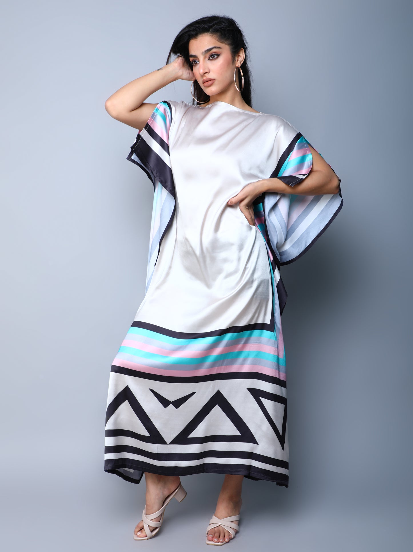 Satin Kaftan Dress with Geometric Border Print