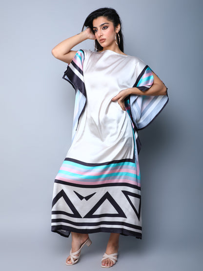 Satin Kaftan Dress with Geometric Border Print