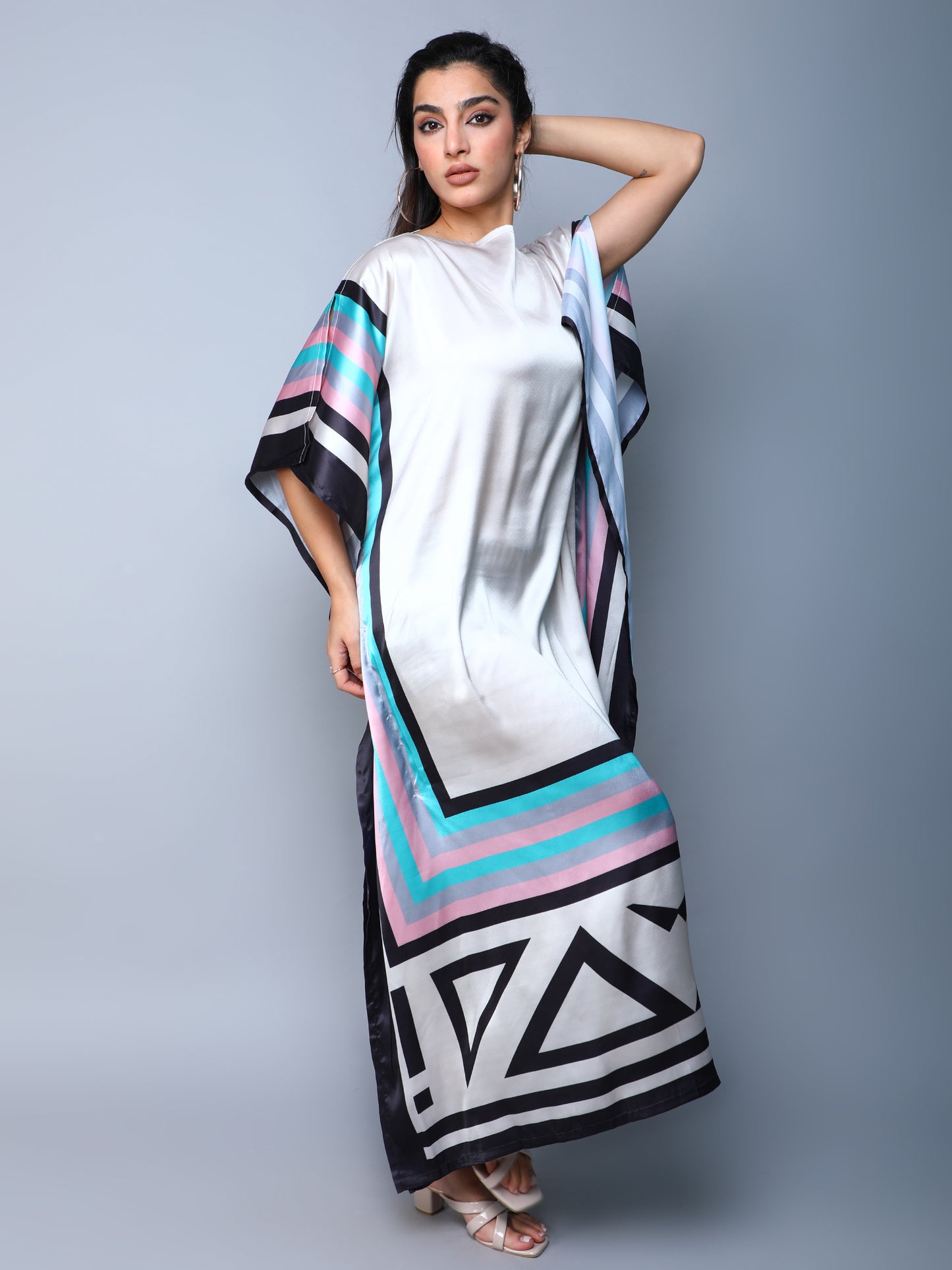 Satin Kaftan Dress with Geometric Border Print