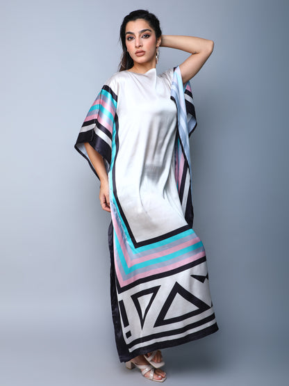 Satin Kaftan Dress with Geometric Border Print