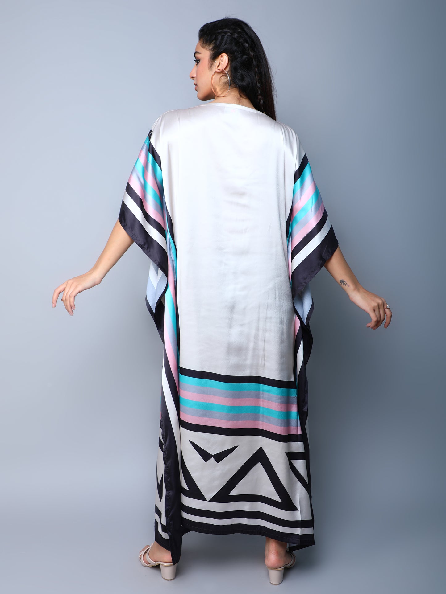 Satin Kaftan Dress with Geometric Border Print
