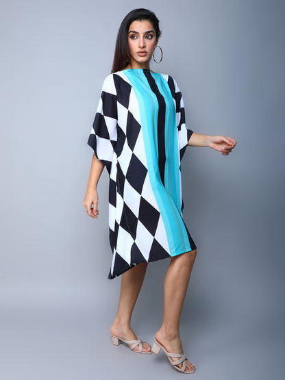 Geometric Print Shift Dress with Slit Sleeves