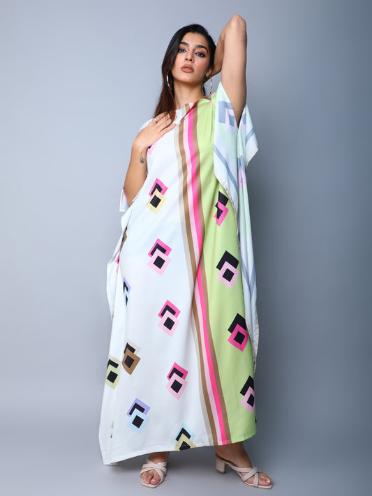 Gometric Print Colorblock Kaftan -Green