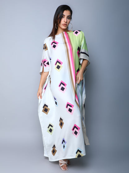 Gometric Print Colorblock Kaftan -Green
