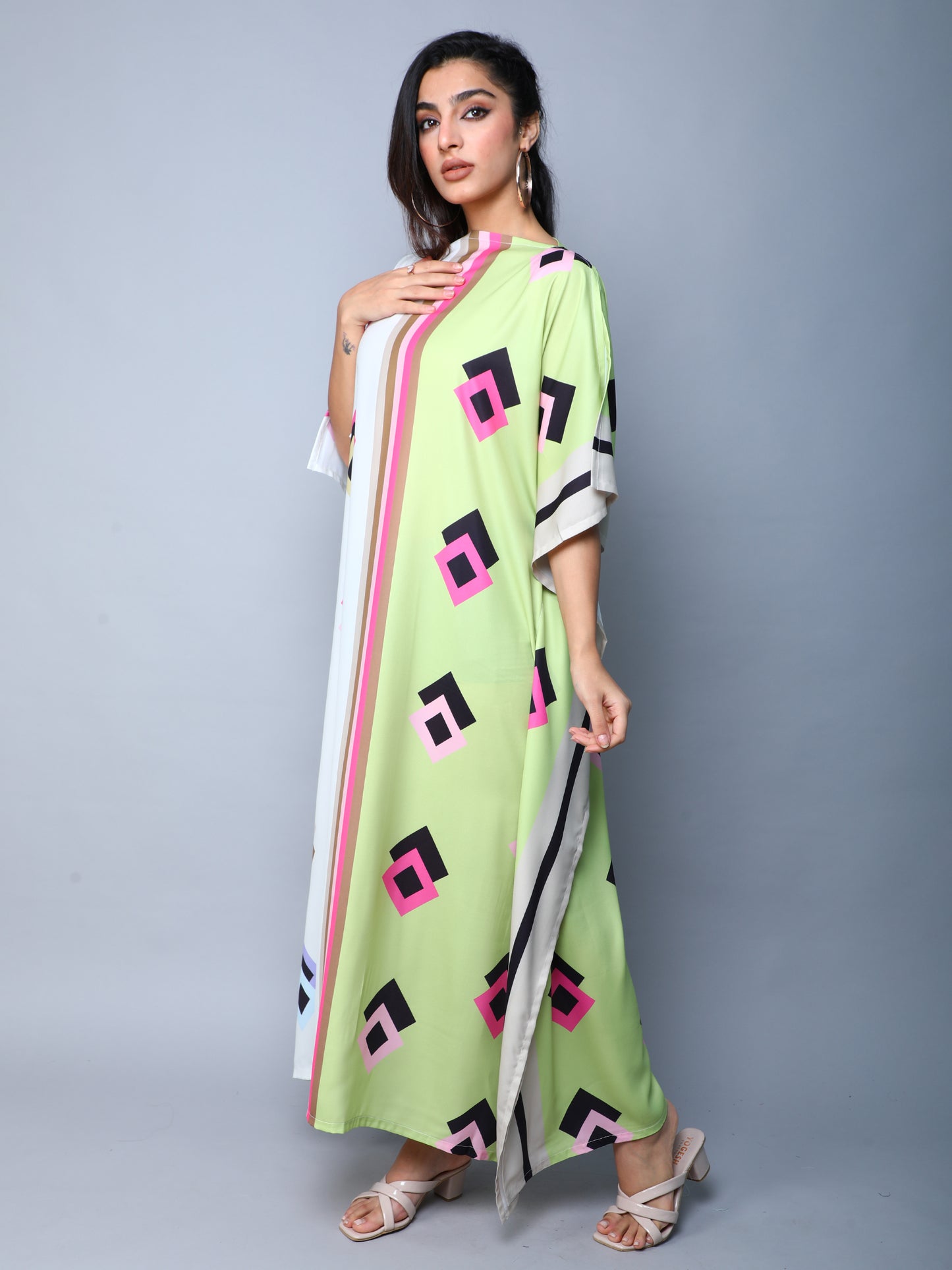 Gometric Print Colorblock Kaftan -Green