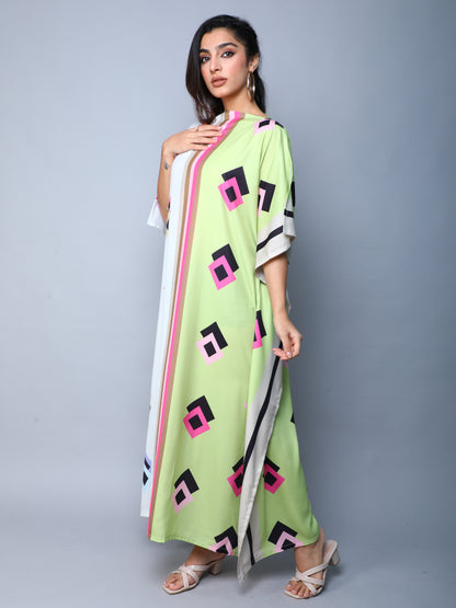 Gometric Print Colorblock Kaftan -Green