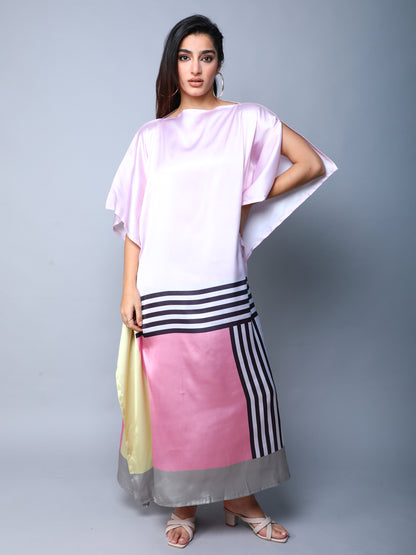 Satin Kaftan Dress with Geometric Border Print