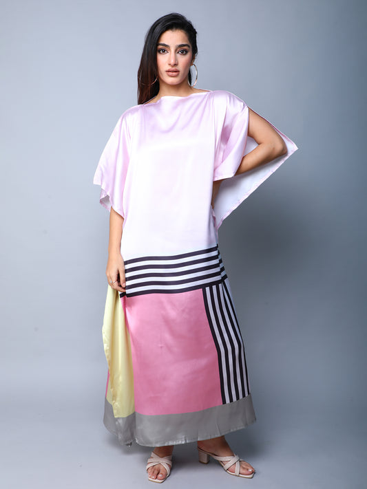 Satin Kaftan Dress with Geometric Border Print