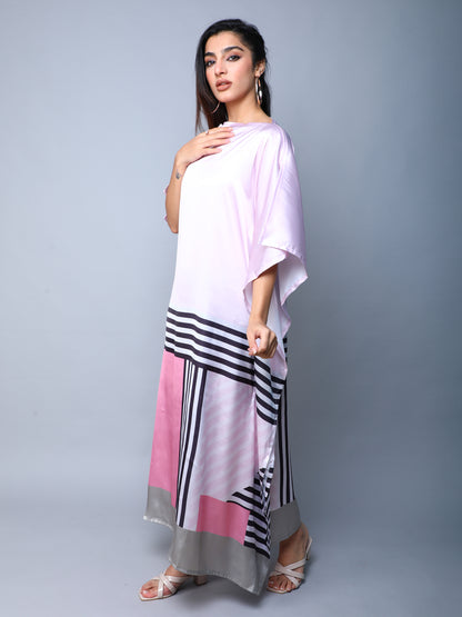 Satin Kaftan Dress with Geometric Border Print
