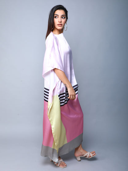 Satin Kaftan Dress with Geometric Border Print