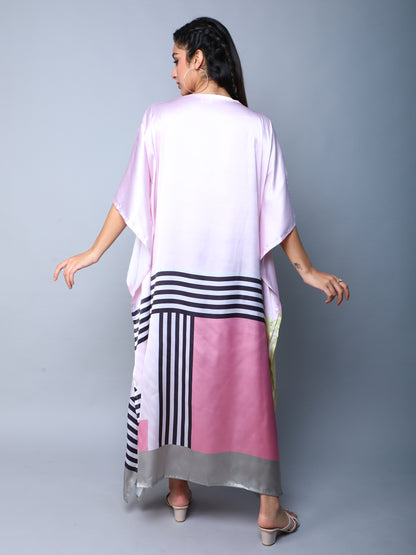 Satin Kaftan Dress with Geometric Border Print