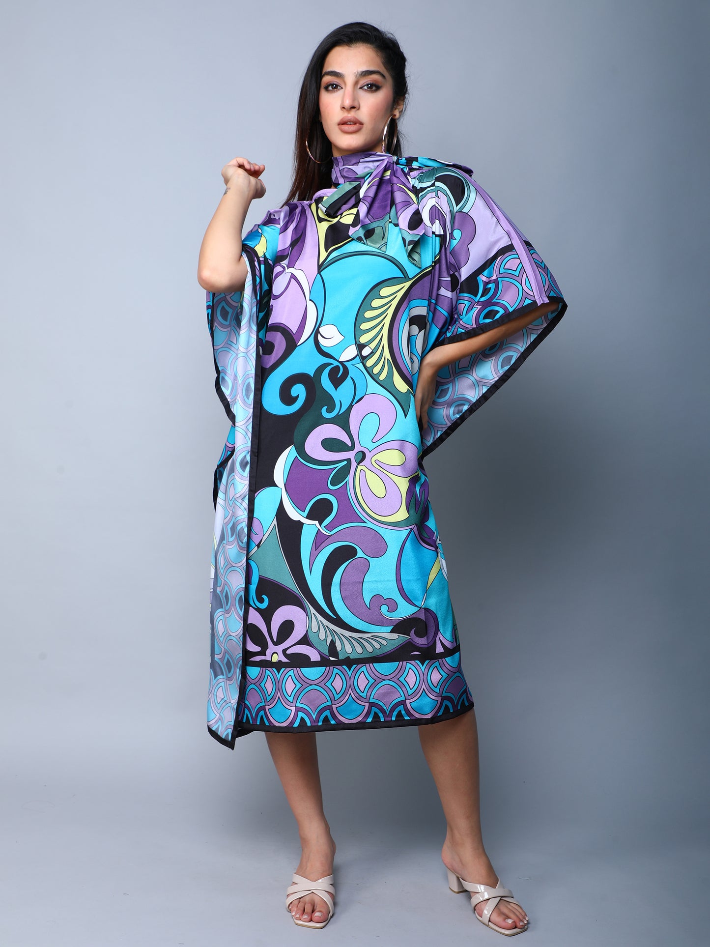 Elegant Abstract Print Satin Kaftan Dress –Blue