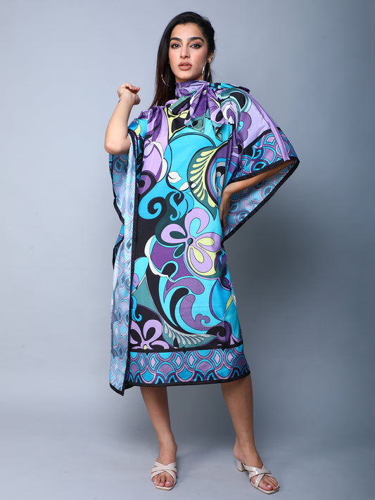 Elegant Abstract Print Satin Kaftan Dress –Blue