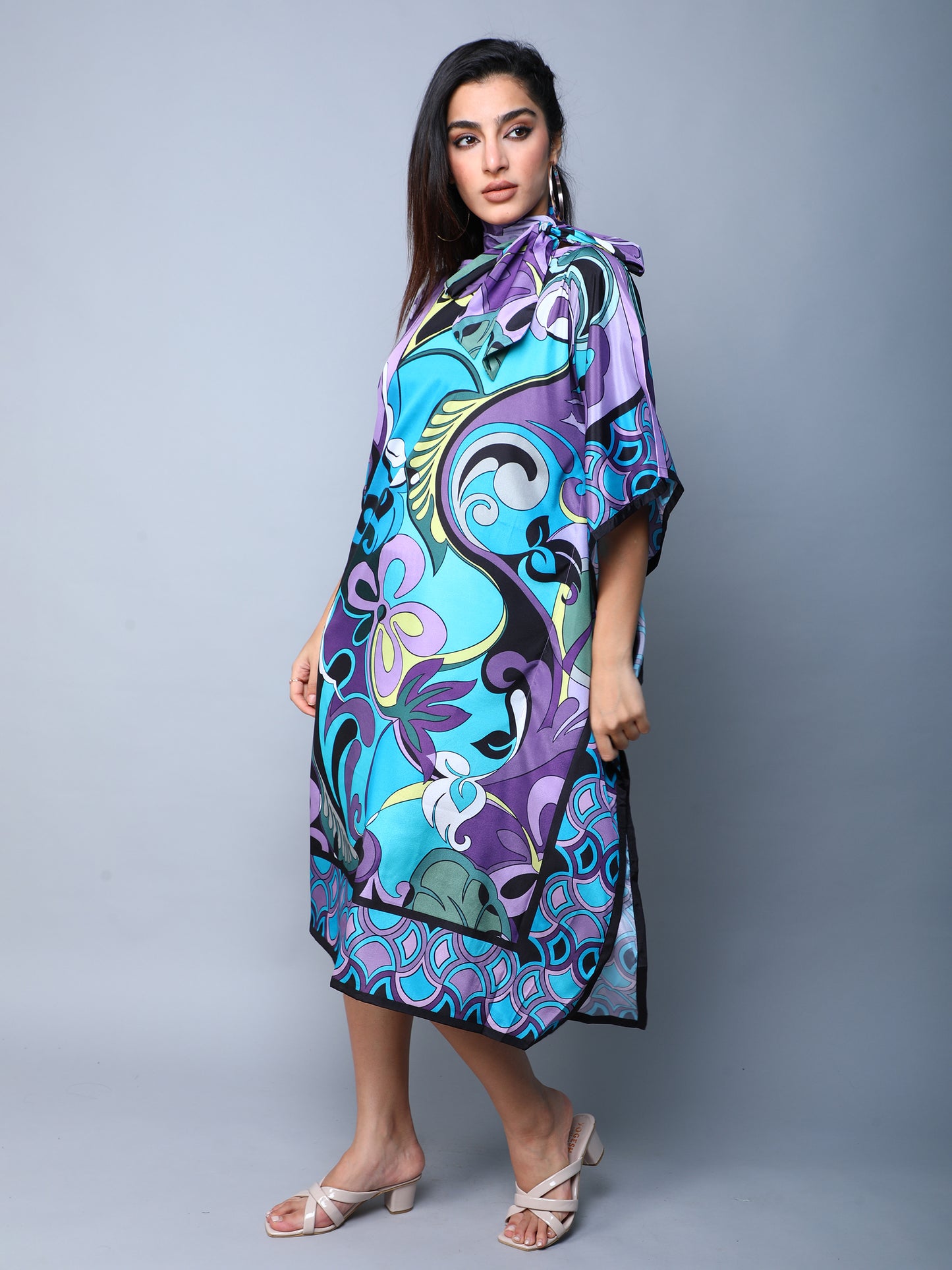Elegant Abstract Print Satin Kaftan Dress –Blue