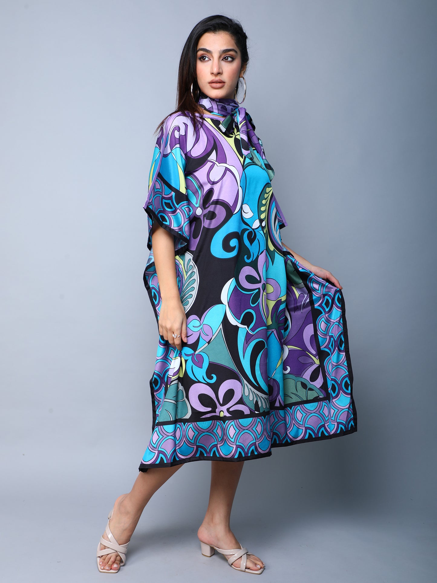 Elegant Abstract Print Satin Kaftan Dress –Blue