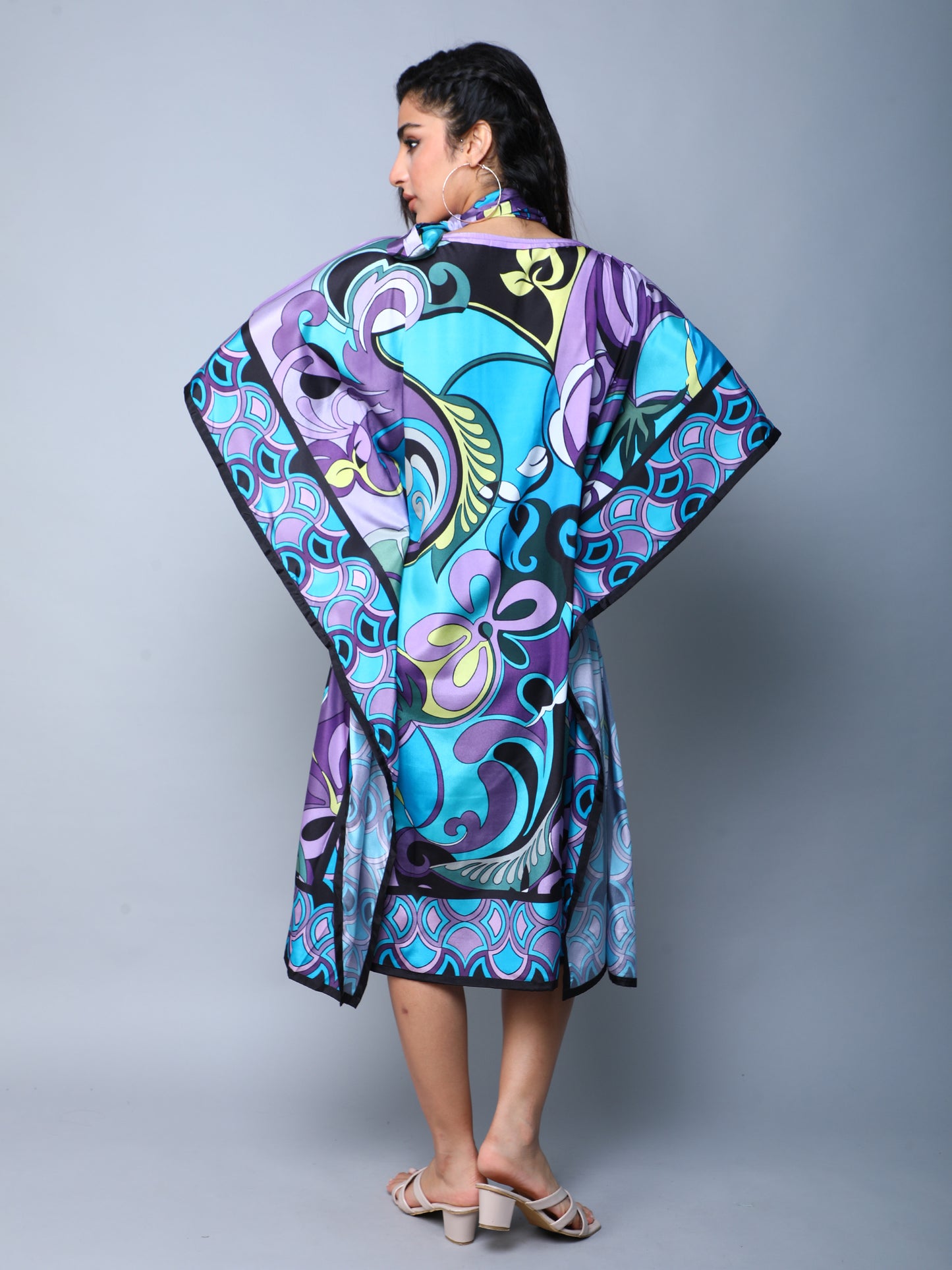 Elegant Abstract Print Satin Kaftan Dress –Blue